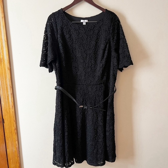 Charter Club Black Lace Short Sleeve Dress Adjustable Belt Size 1X Knee Length - Picture 1 of 8